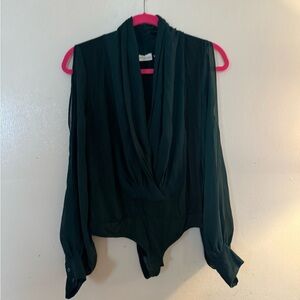 Eva Mendes dark green  Asymmetrical Long Sleeve Blouse